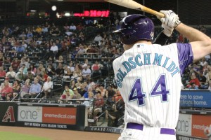 Paul Goldschmidt stands in the on-deck circle in game vs. Colorado Rockies, Thursday, October 1, 2015.(Cronkite News/Torrence Dunham)
